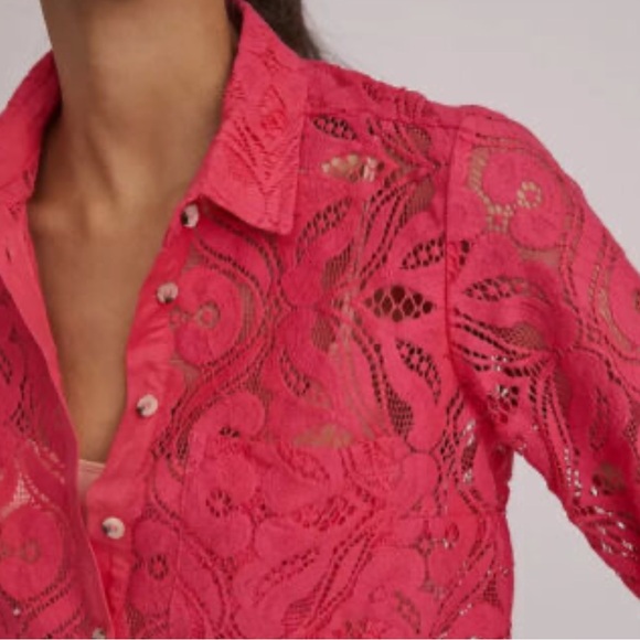 ANTRHRO MAEVE 10 Pink Button-down Open Lace Blouse with roll tab sleeves in EUC - Picture 2 of 9